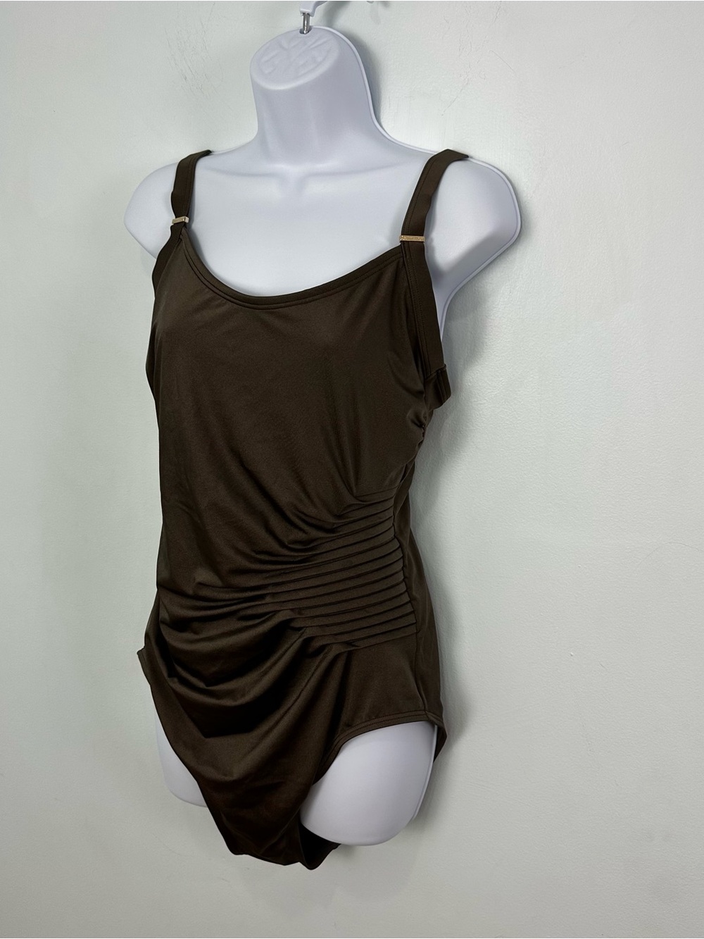 Calvin Klein Ruched Side Sz 14 One-Piece Brown Bronze Swimsuit Adjustable Straps